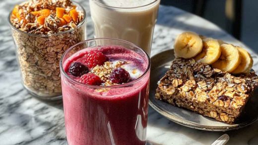 Photo d'un goûter healthy : smoothies, biscuits et granolas