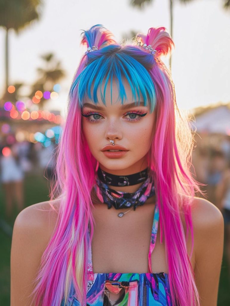 Inspiration coiffure Coachella extensions colorées