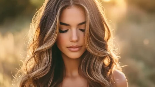 Femme brune avec un ombré hair miel naturel.