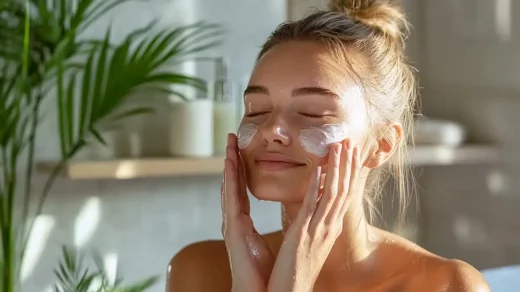 Femme se mettant de la crème hydratante pour sa routine skincare